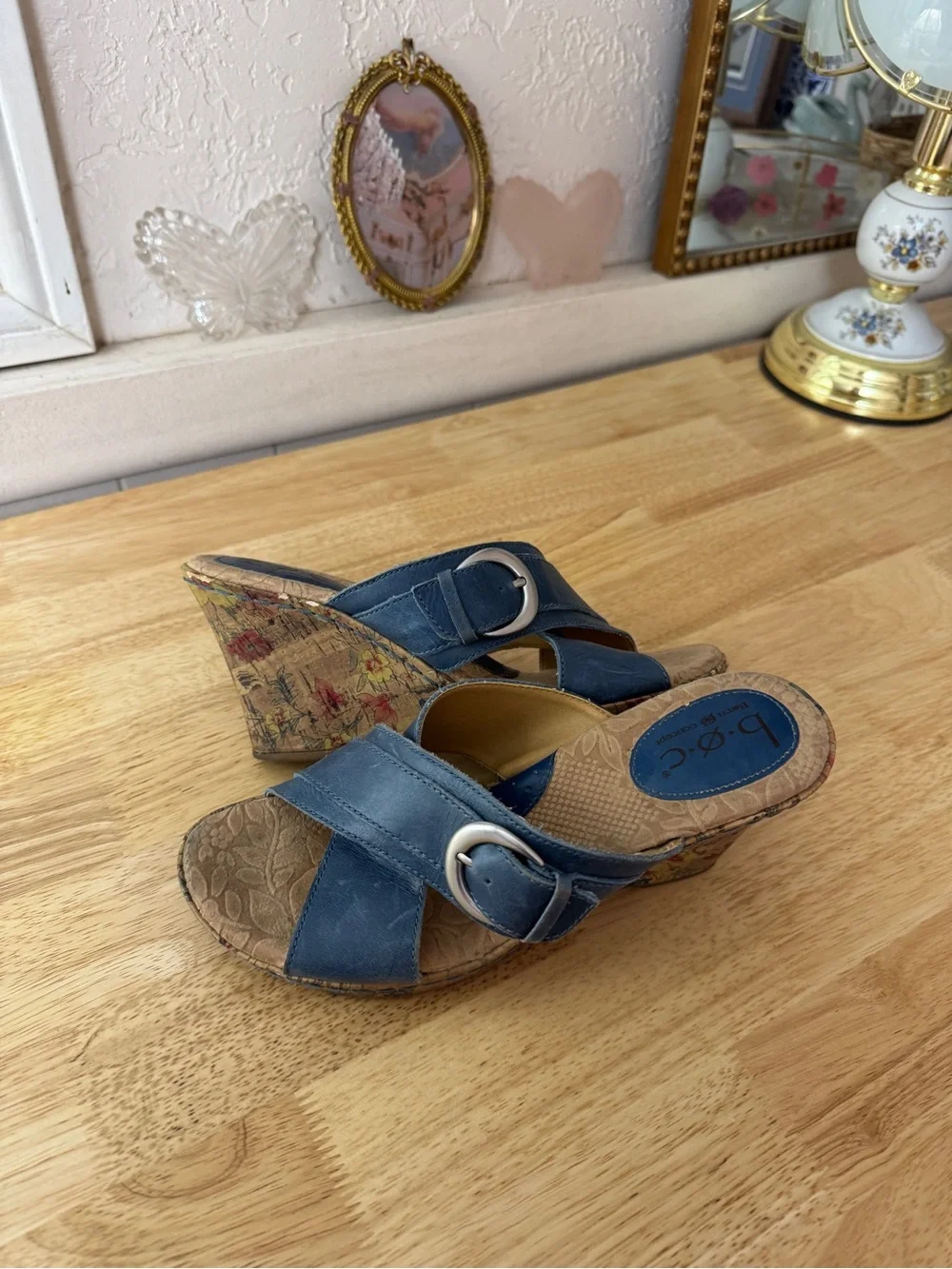 B.O.C. Blue Leather Cork Wedge Slide Sandals Size 7 Y2K Comfort Floral Wedges